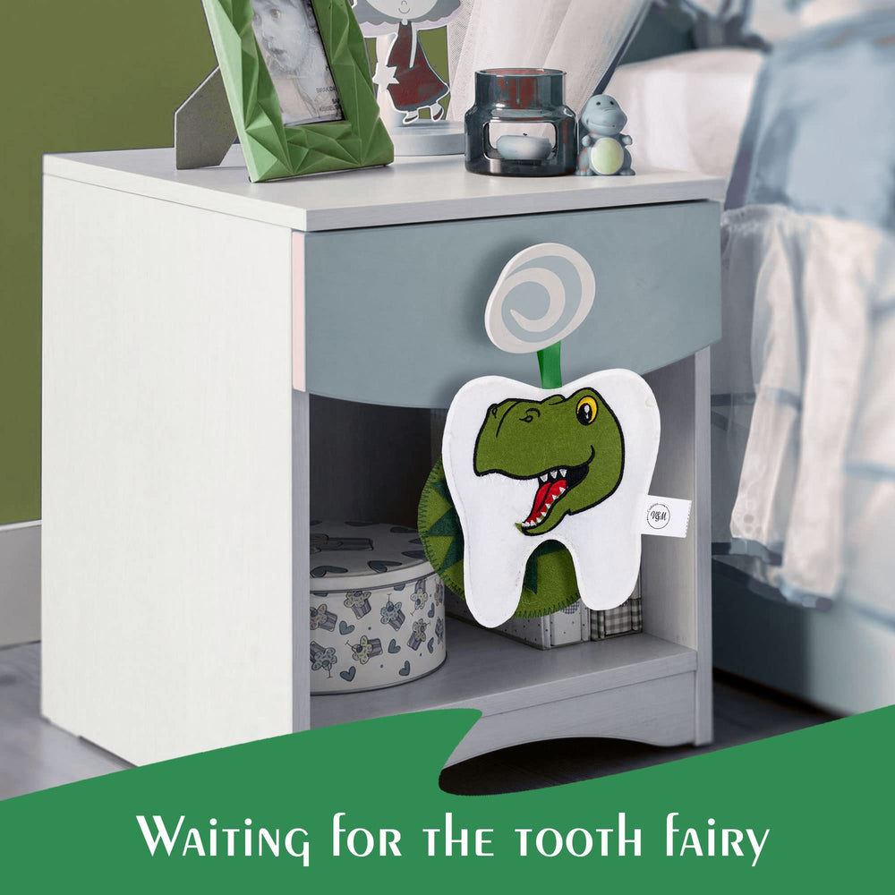 V&M Cuddles Dinosaur Tooth Fairy Pillow dimensions clarify size and fit for beds.