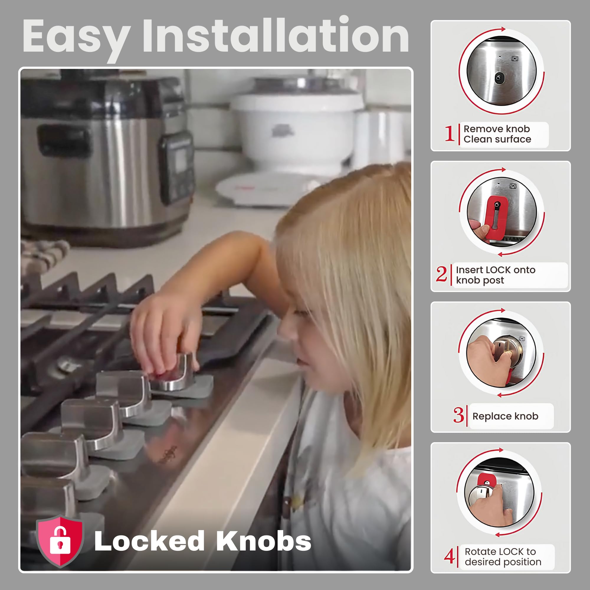 Vadiff gray knob locks on stove demonstrate easy kitchen safety in action