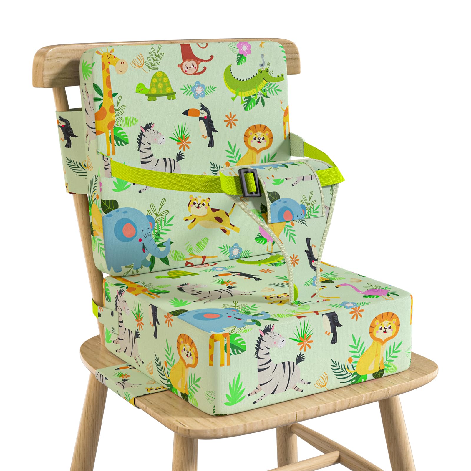 Vahlbeste booster seat with backrest attached, ready for family meals and stable support.