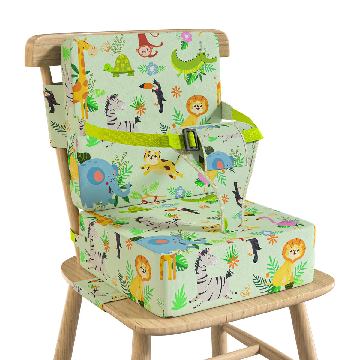 Vahlbeste booster seat with backrest attached, ready for family meals and stable support.