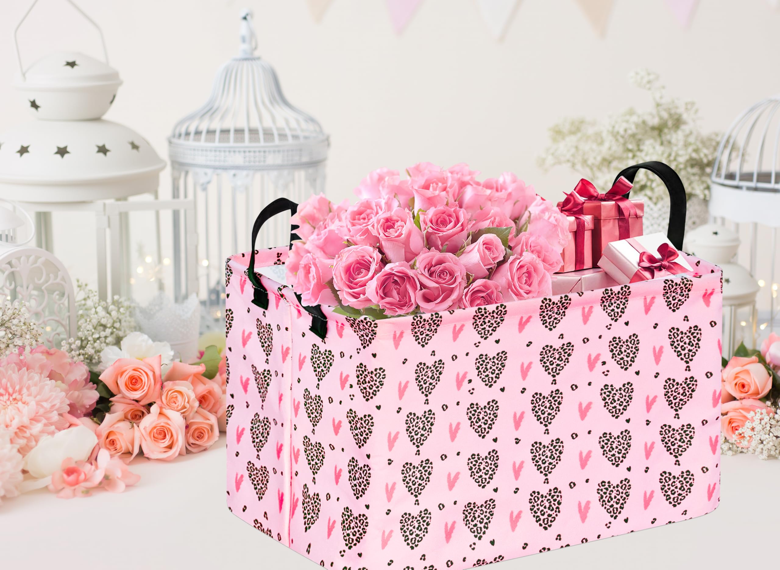 VAIVUSTO Rec Heart Print Box Hamper used for toy storage in a play area.
