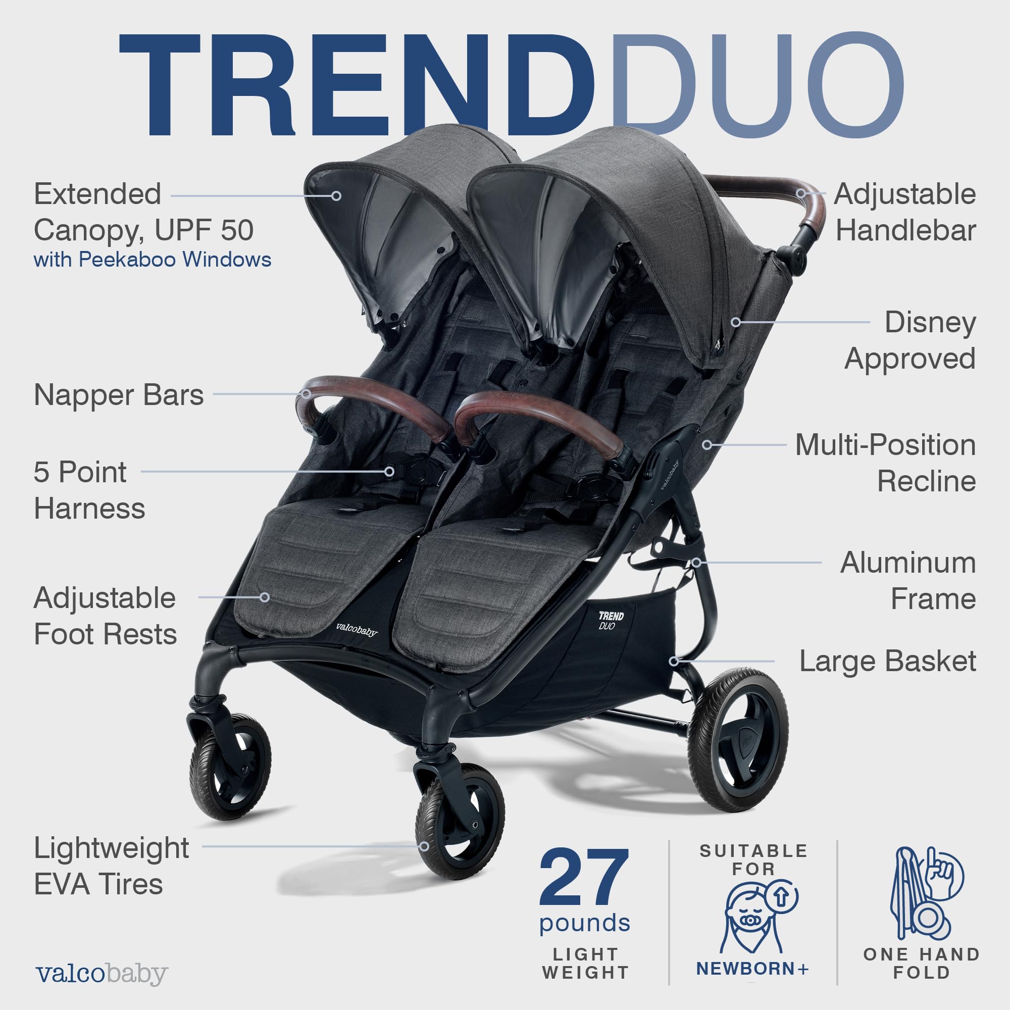 Valco Baby Trend Duo extendable canopies with UPF50 sun protection
