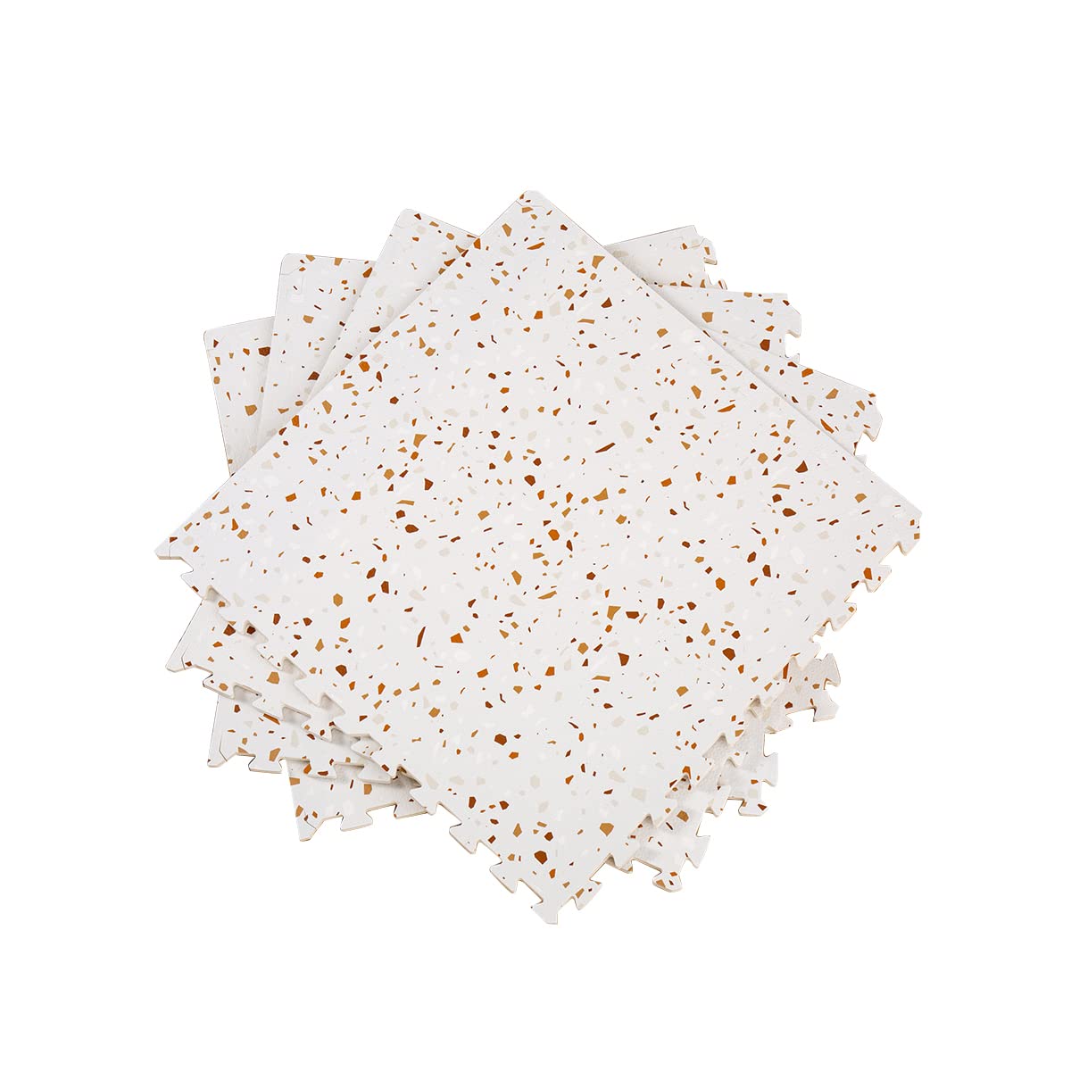 Valioza Terrazzo Playmat brown tile close-up highlights interlocking pieces and easy cleaning