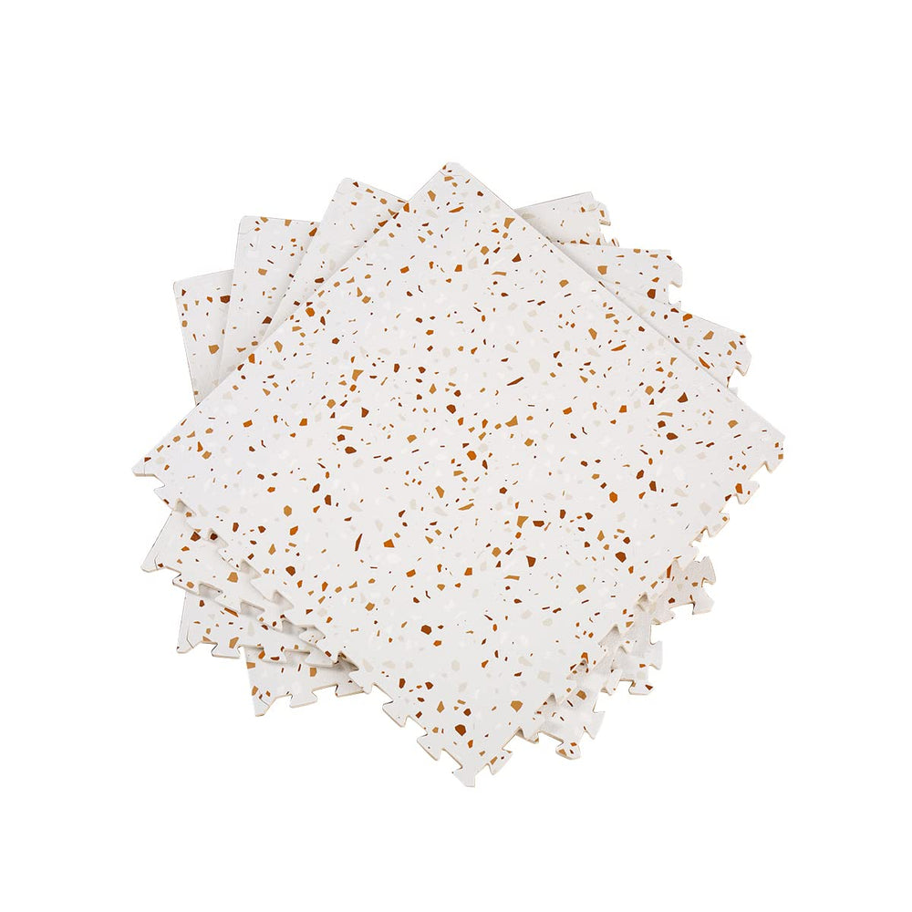Valioza Terrazzo Playmat brown tile close-up highlights interlocking pieces and easy cleaning