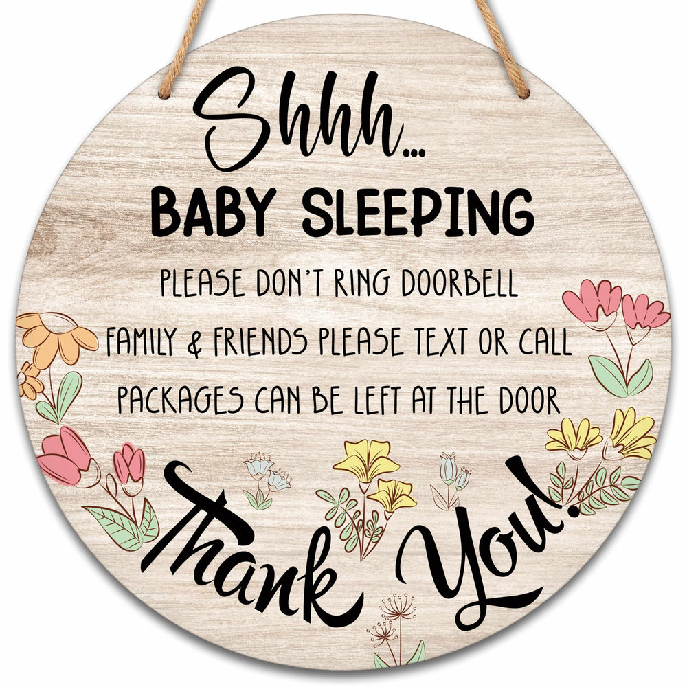 Valucise baby sleeping sign front door round—quiet time cue for visiting family.