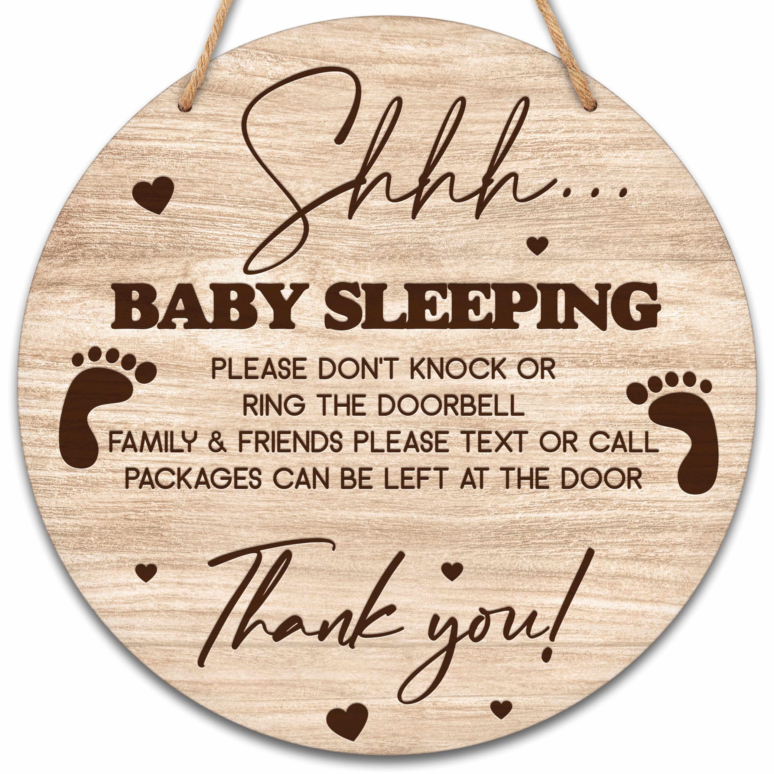 Valucise baby sleeping sign on front door, round wood with rope for quiet entry reminders.