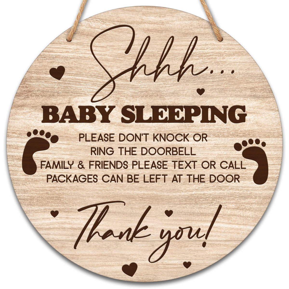 Valucise baby sleeping sign on front door, round wood with rope for quiet entry reminders.