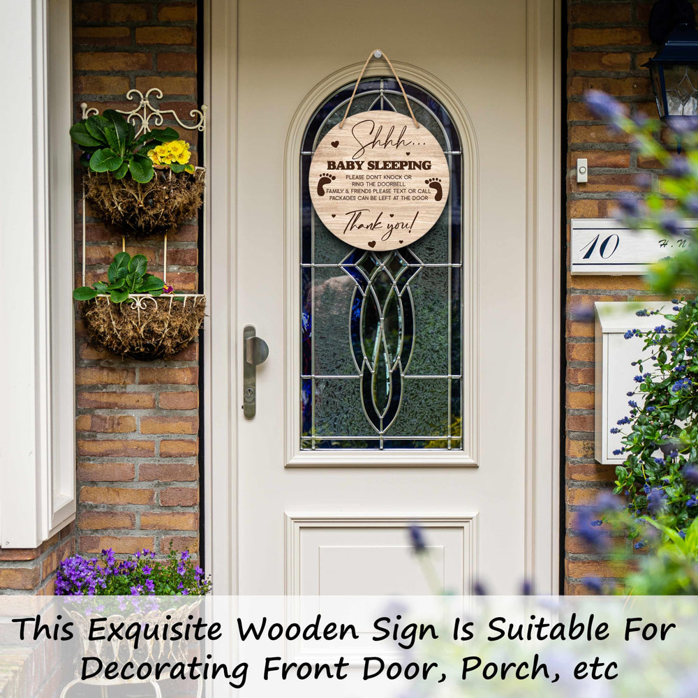 Valucise baby sleeping sign hung on porch offers warm, inviting curb appeal.