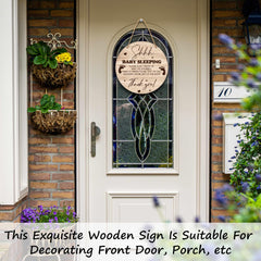 Valucise baby sleeping sign hung on porch offers warm, inviting curb appeal.