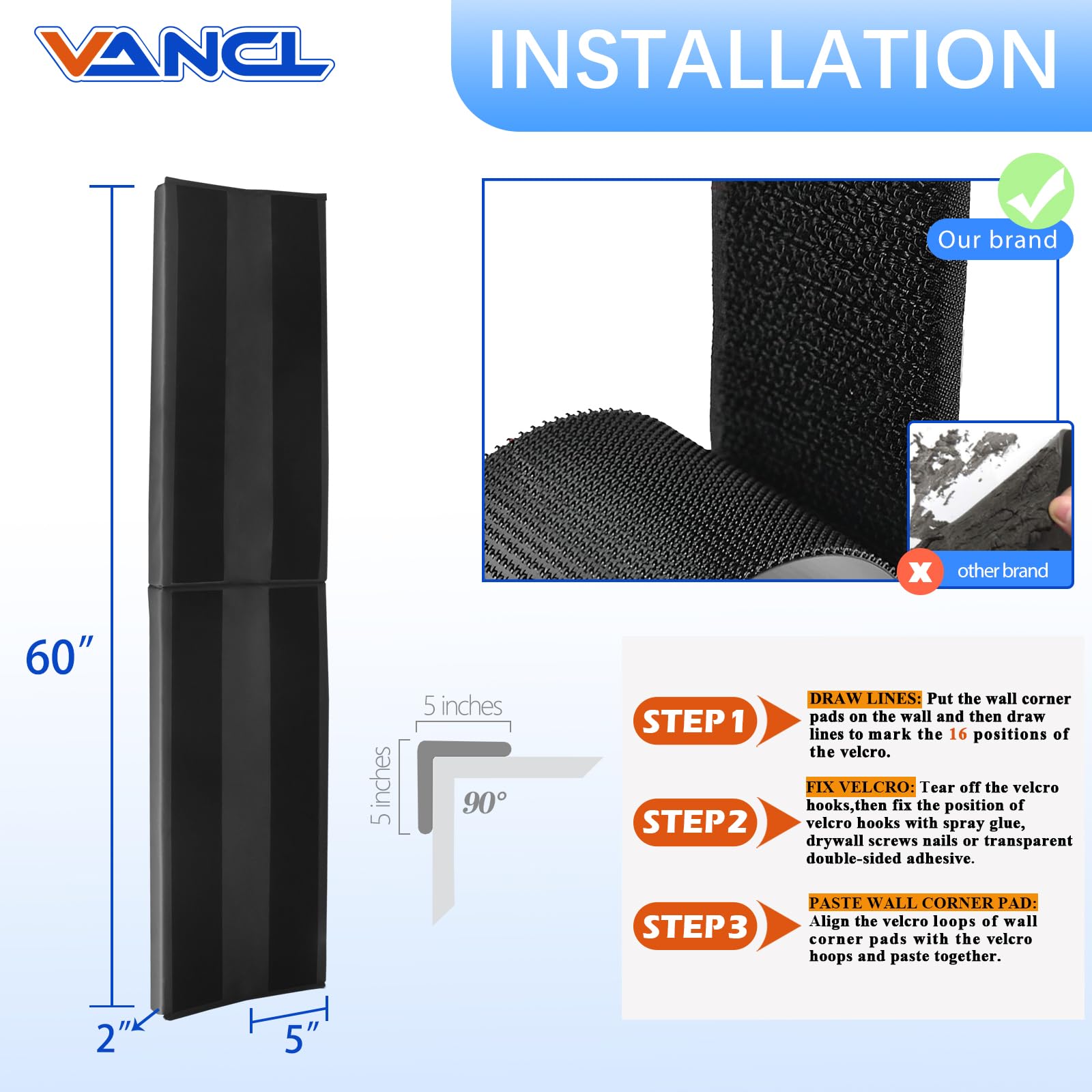VANCL wall corner pad 60x5x2 dims with thick foam for impact cushioning.