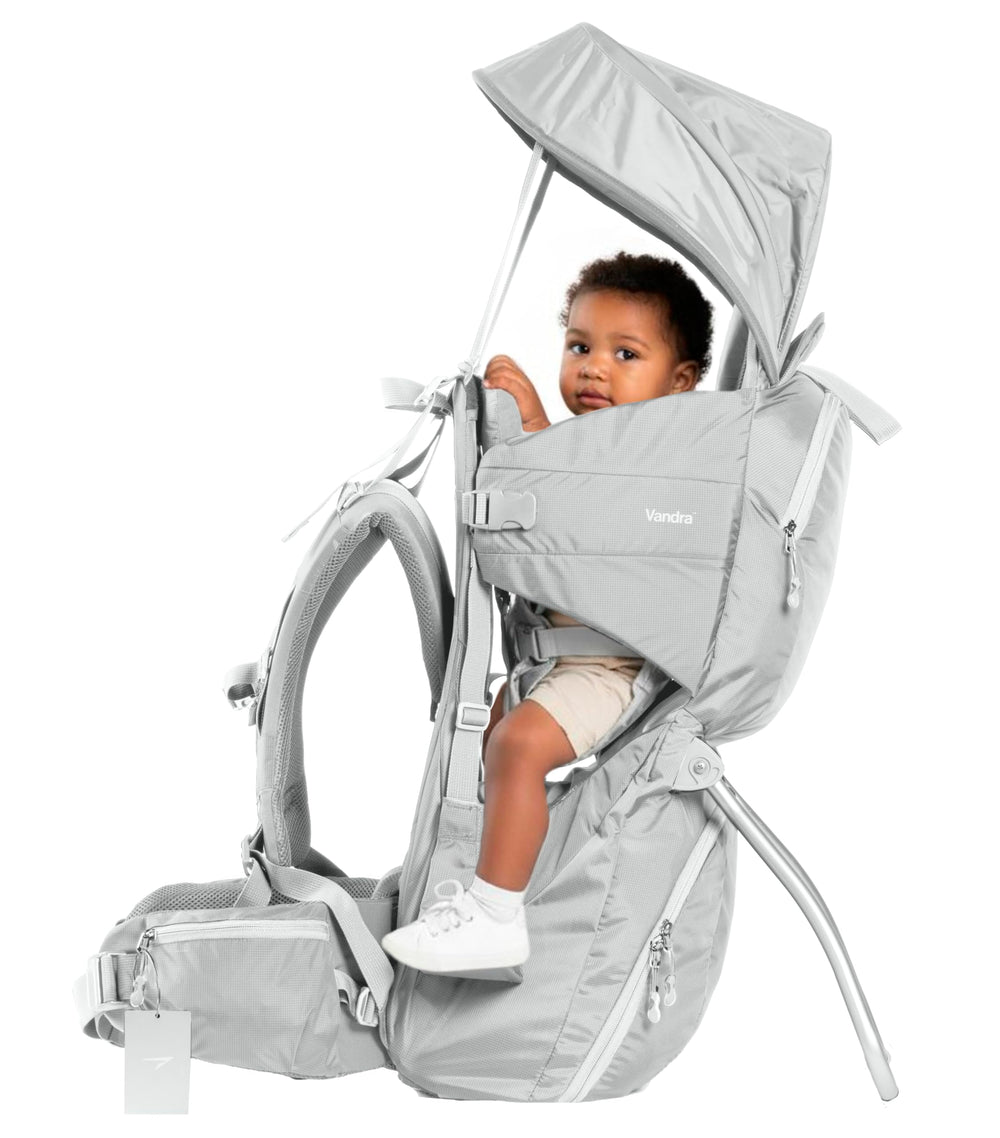 Vandra Glacier side-view highlighting breathable materials and easy-adjust fit for parent and baby