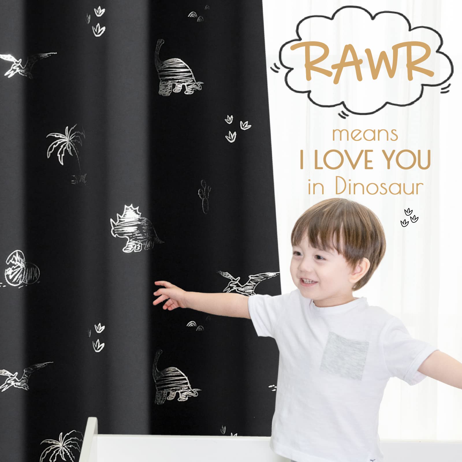 Vangao blackout dinosaur drapes help block light for naps.