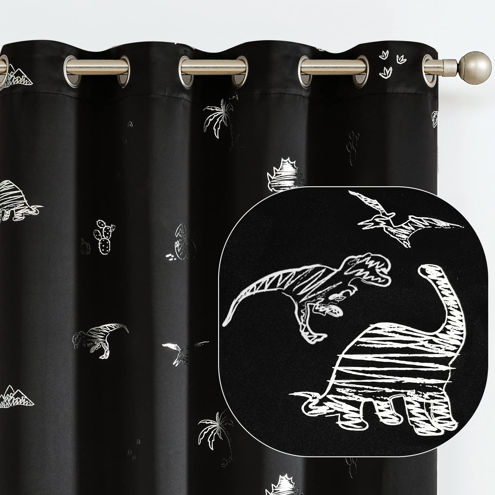 Vangao dinosaur foil print curtains with 63-inch length for kids' rooms.