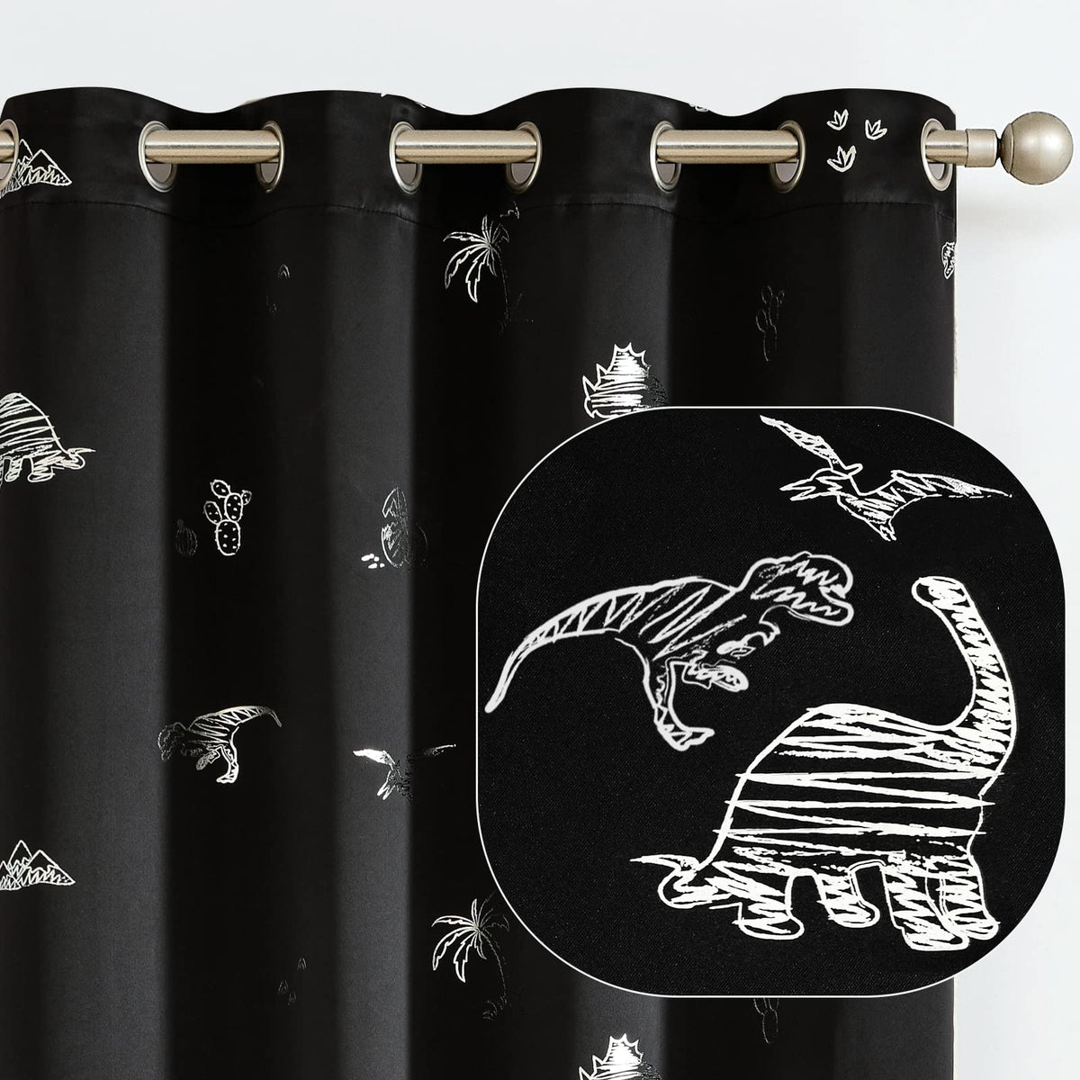 Vangao dinosaur foil print curtains with 63-inch length for kids' rooms.