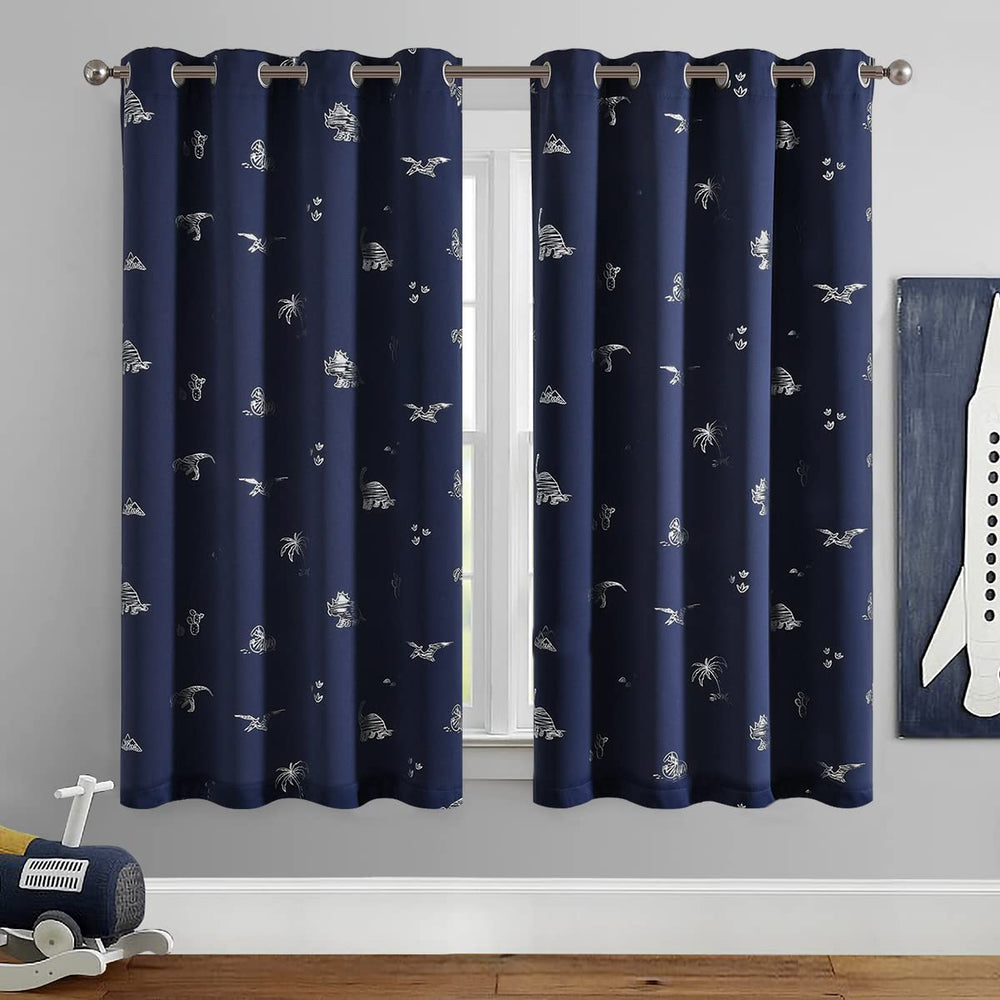 Vangao dinosaur-foil-curtains navy blue in a child's bedroom setup