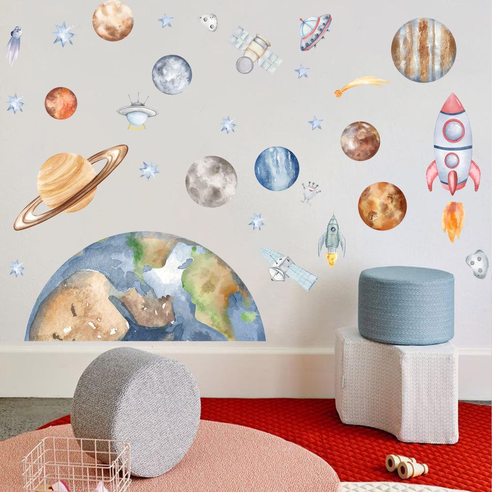 VANGNING space earth-half wall sticker—engaging cosmic learning corner in a child's room.