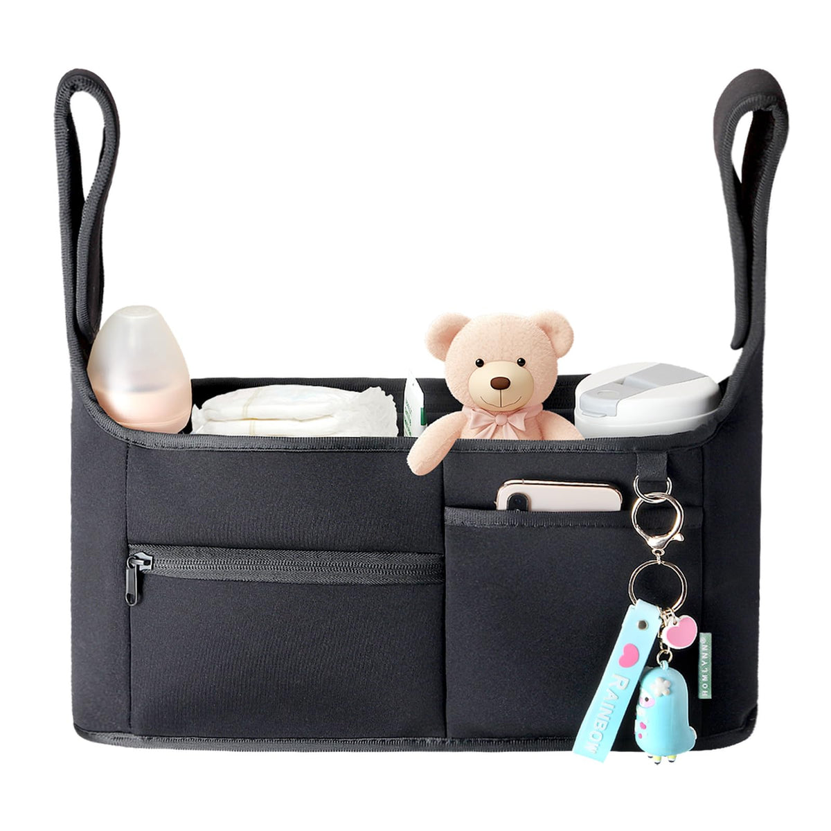 Vanleestar stroller organizer front view showing extra storage for quick-access baby essentials.