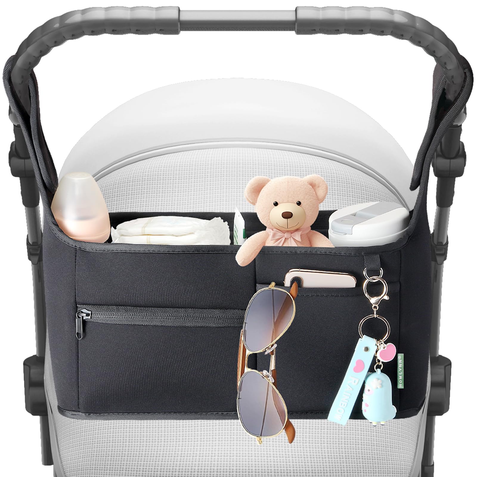 Vanleestar stroller organizer installed-on-stroller demonstrates tidy, reachable storage during outings.