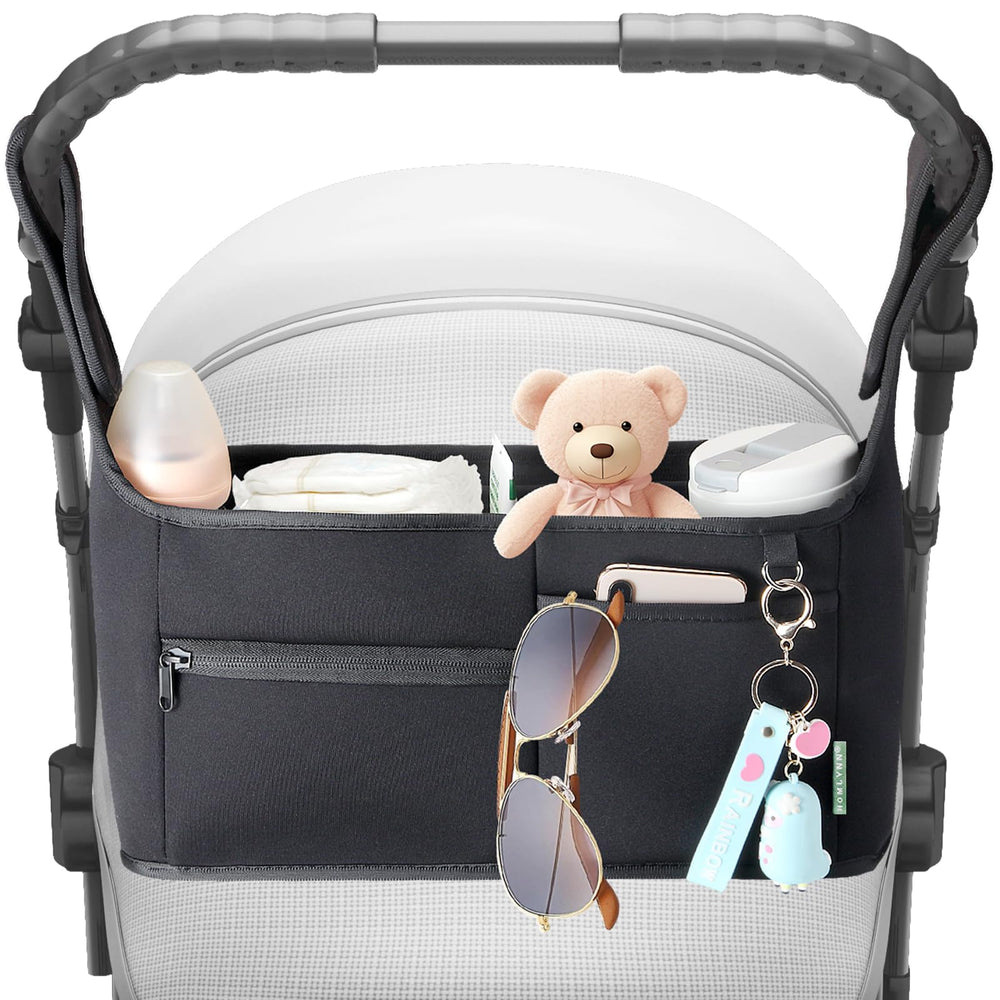 Vanleestar stroller organizer installed-on-stroller demonstrates tidy, reachable storage during outings.