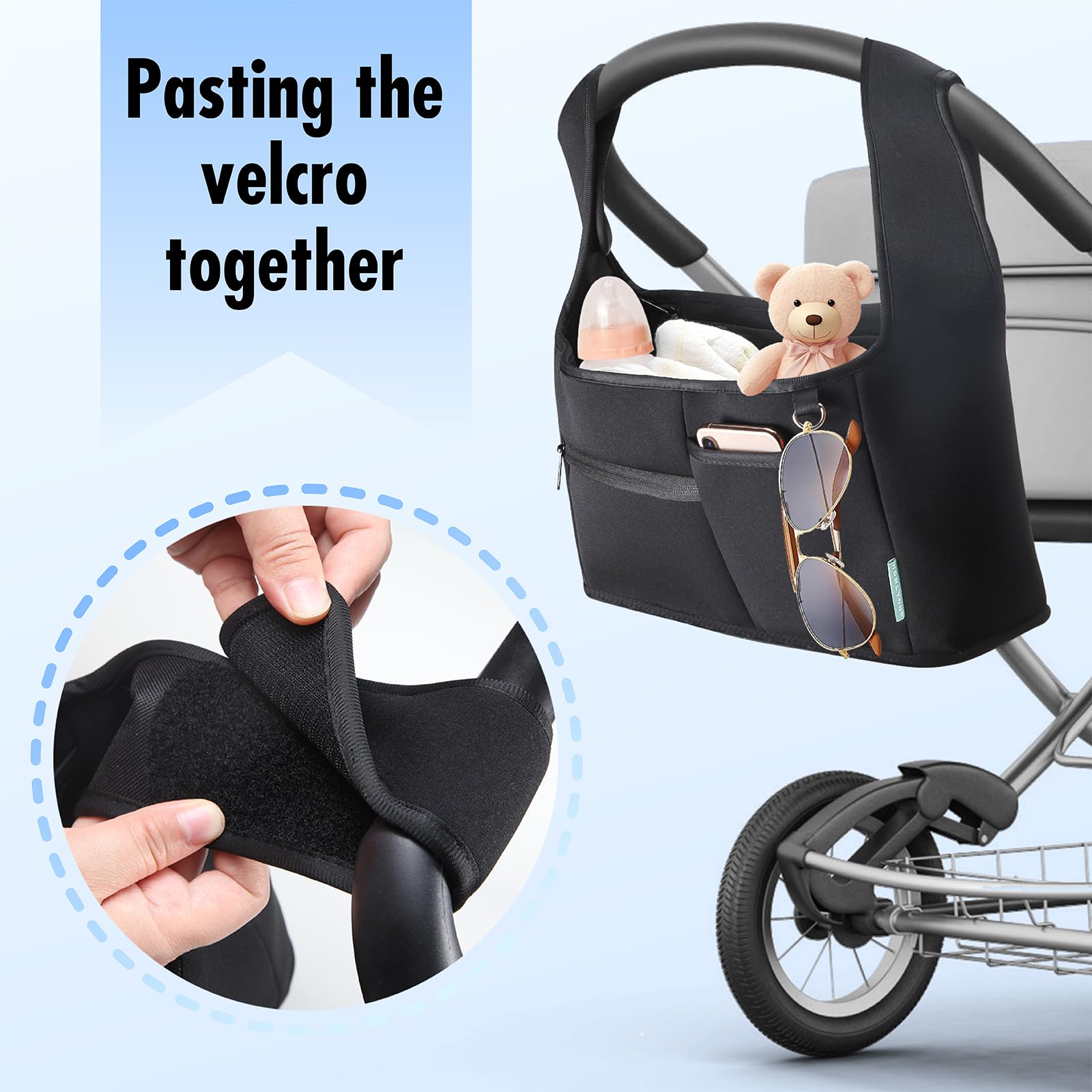 Vanleestar stroller organizer pocket layout with multiple pockets for wipes and toys.