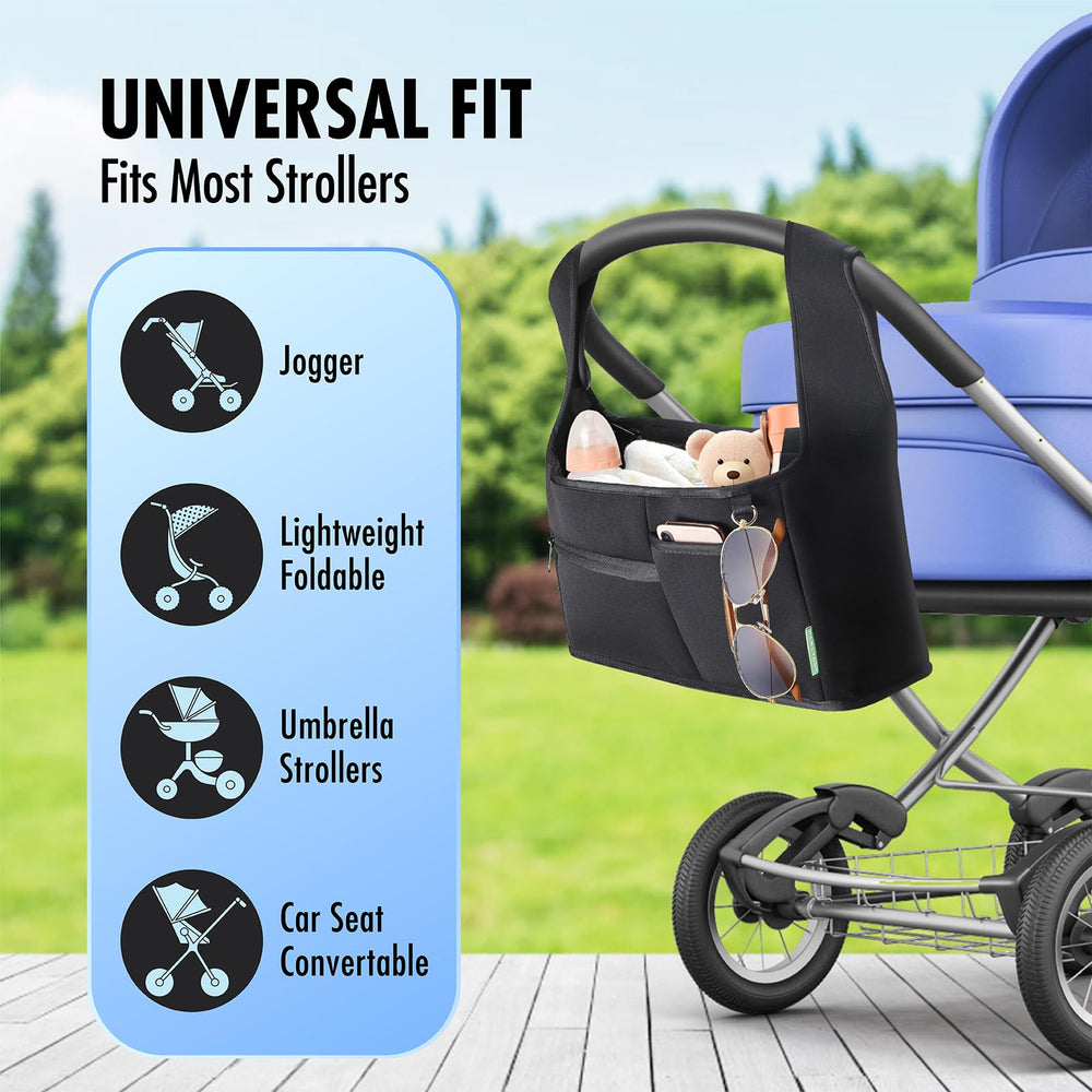 Vanleestar stroller organizer strap attachment highlights secure installation on most strollers.
