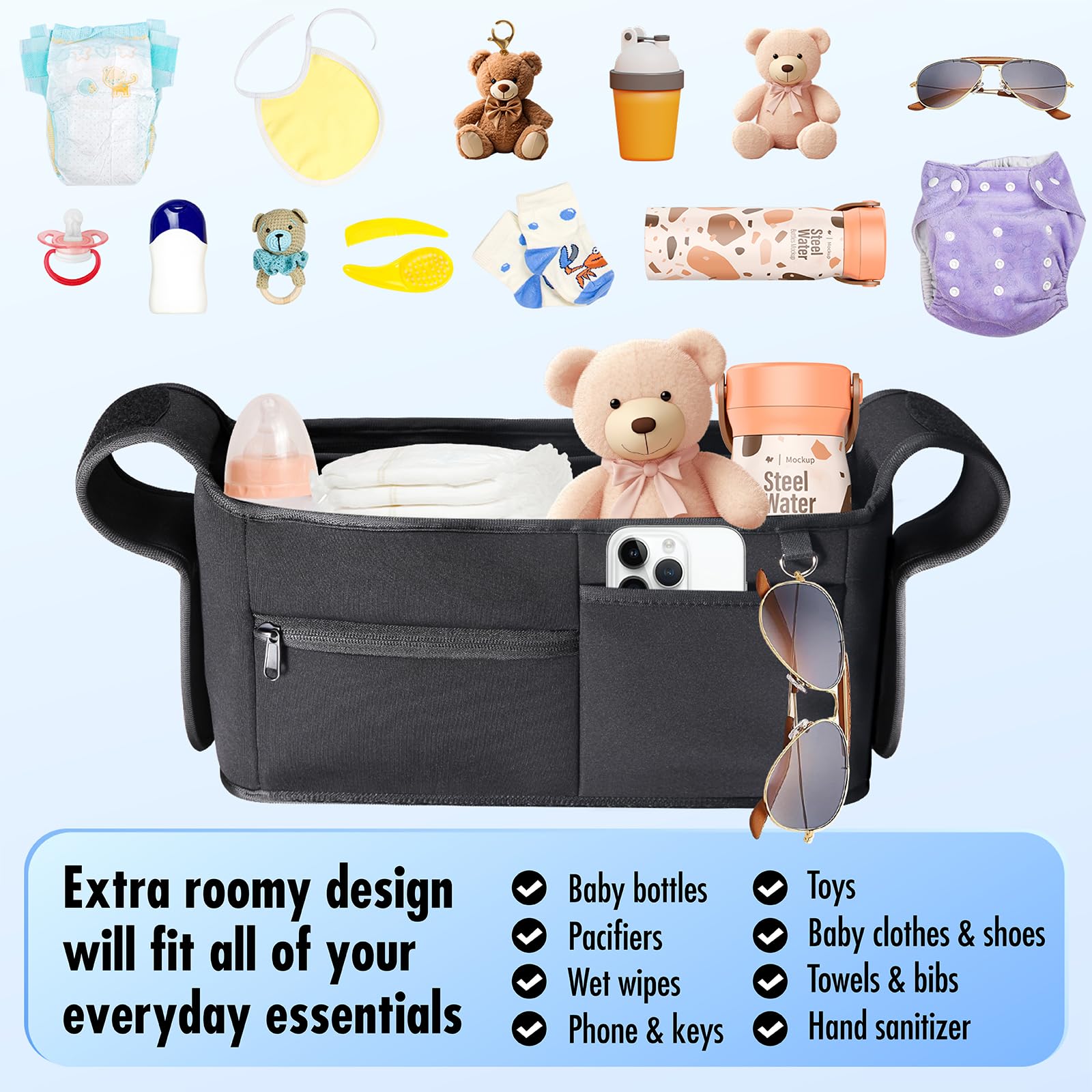 Vanleestar stroller organizer two cup holders for drinks and baby products.