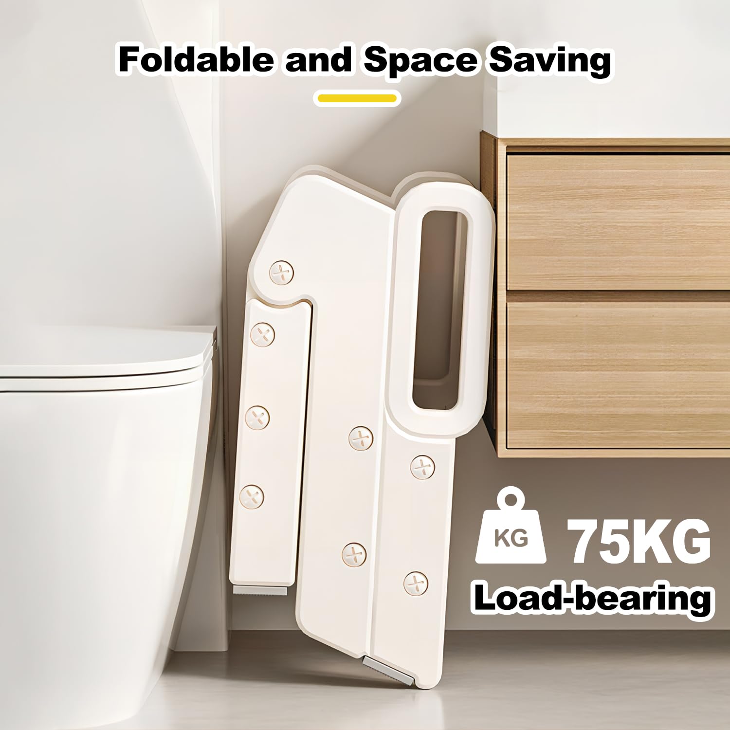Vanpolchy Foldable Toddler Stool Folded fits compact storage beside the toilet.
