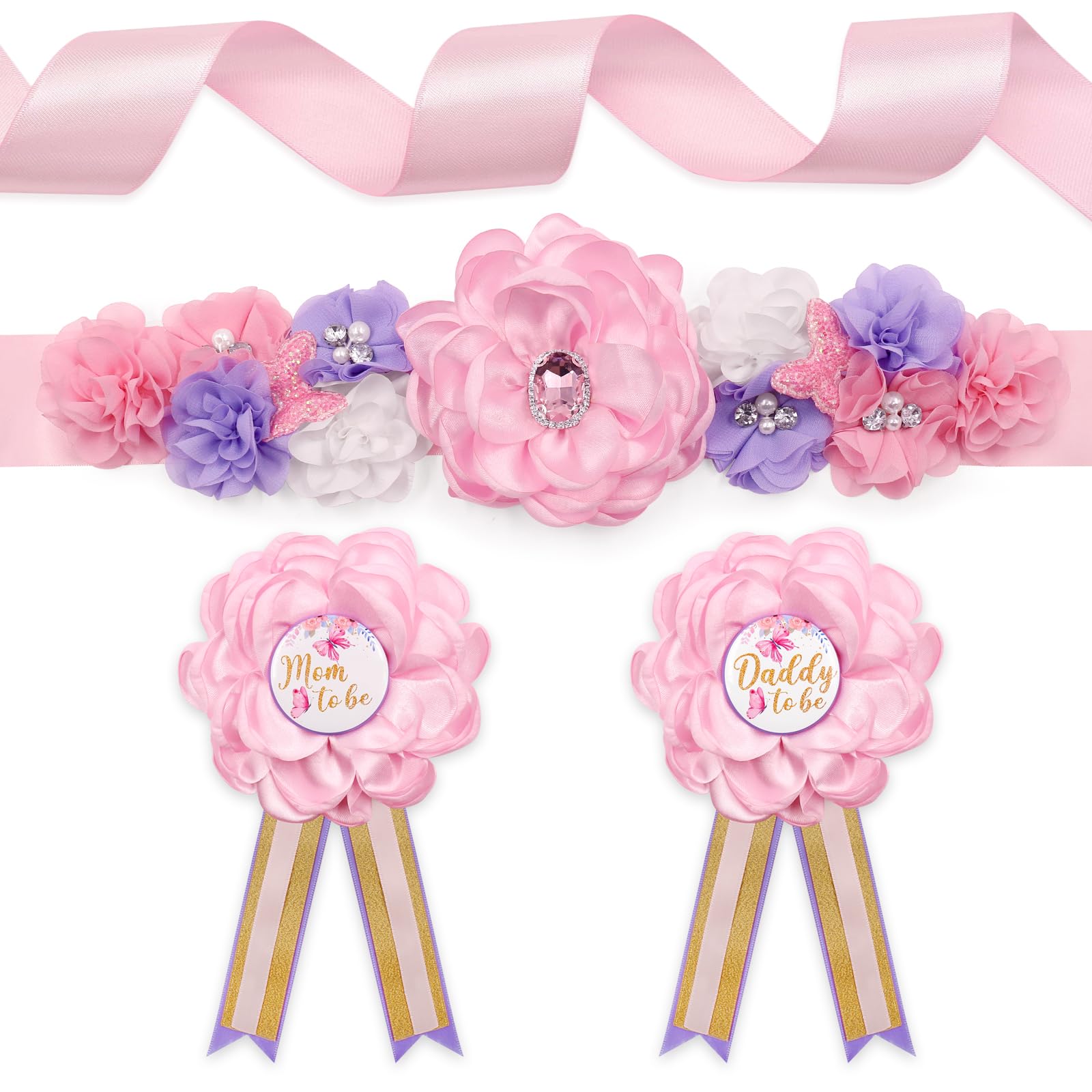 Vansolinne butterfly maternity sash close-up with floral embellishments for a festive baby shower