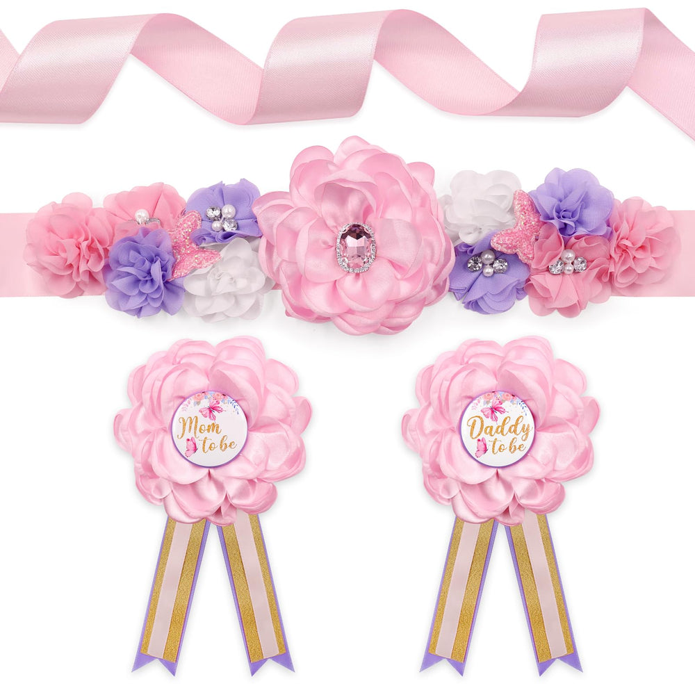 Vansolinne butterfly maternity sash close-up with floral embellishments for a festive baby shower