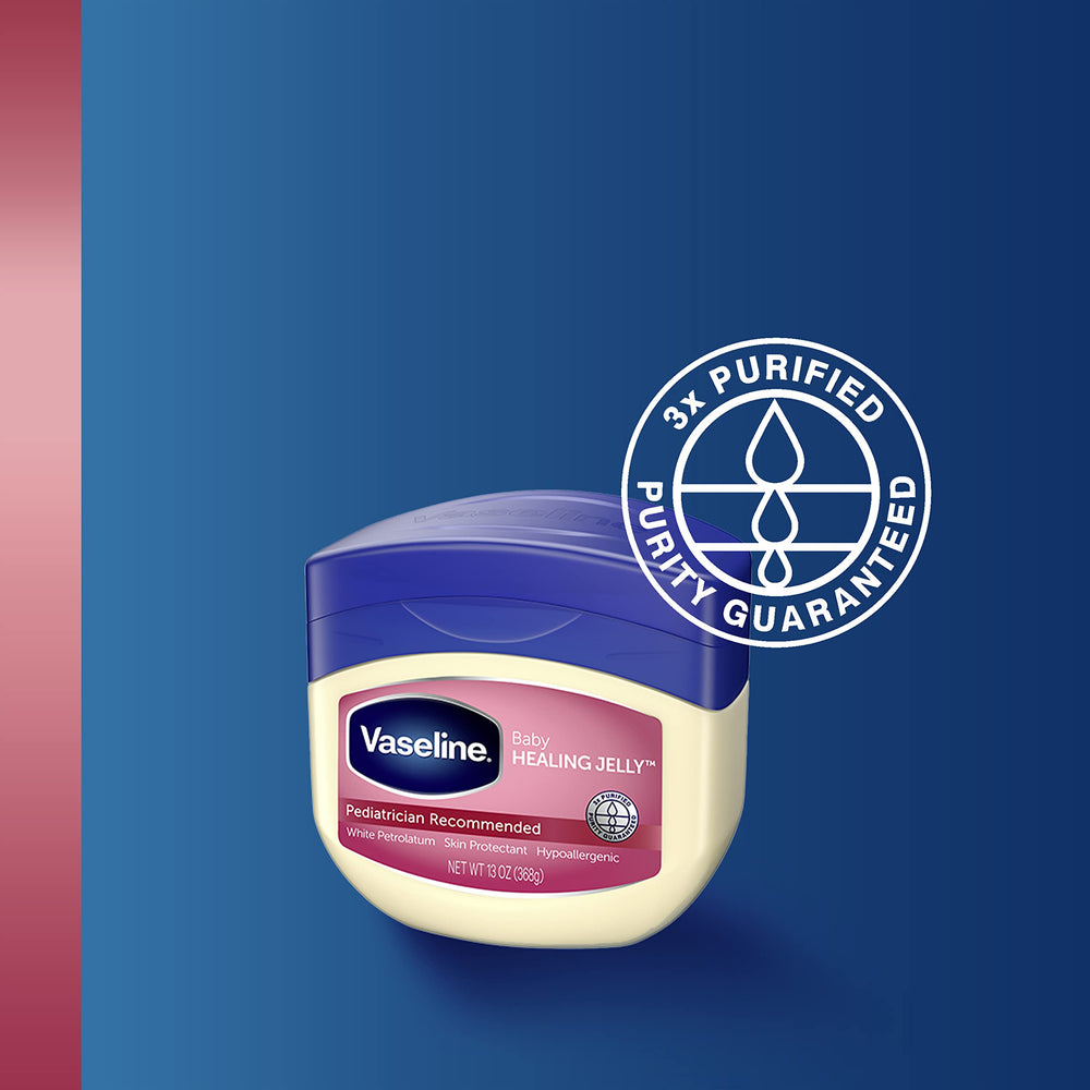 Vaseline Baby Petroleum Jelly hypoallergenic formula on changing table.