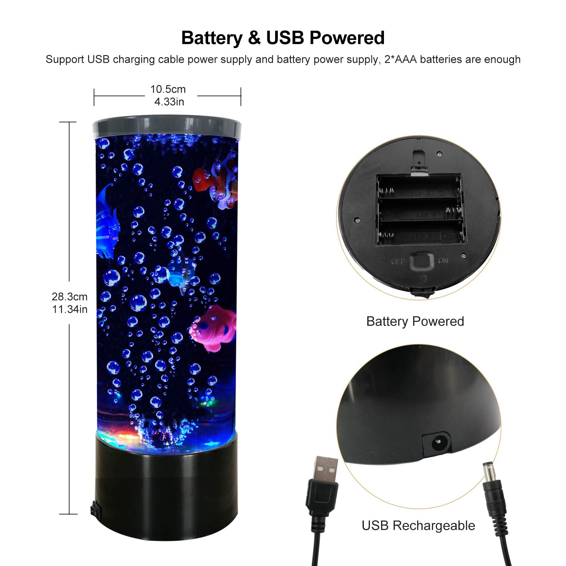 Color-changing LEDs display 16 colors for mood lighting.