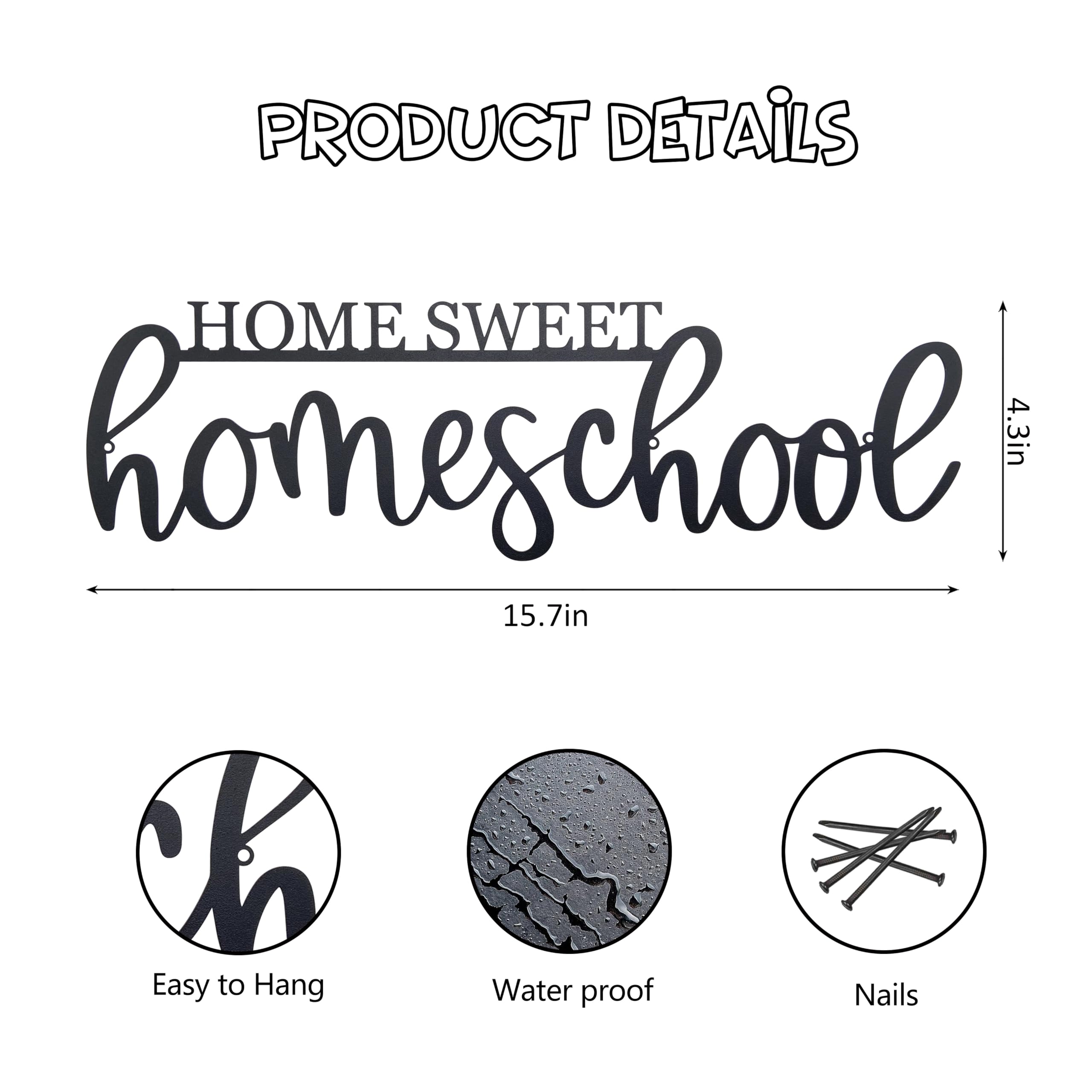Vausart Home Sweet Homeschool metal wall sign close-up of the phrase for engaging decor.