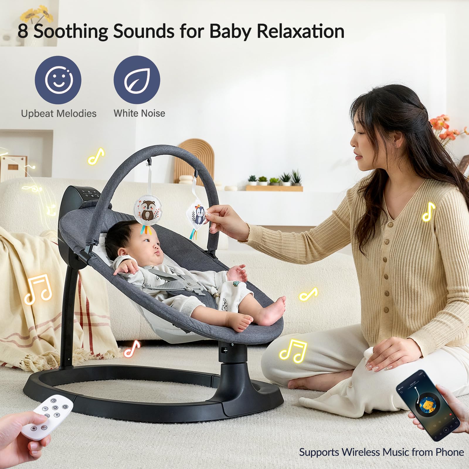 VaVaSoo built-in sounds provide calming options for peaceful nap times