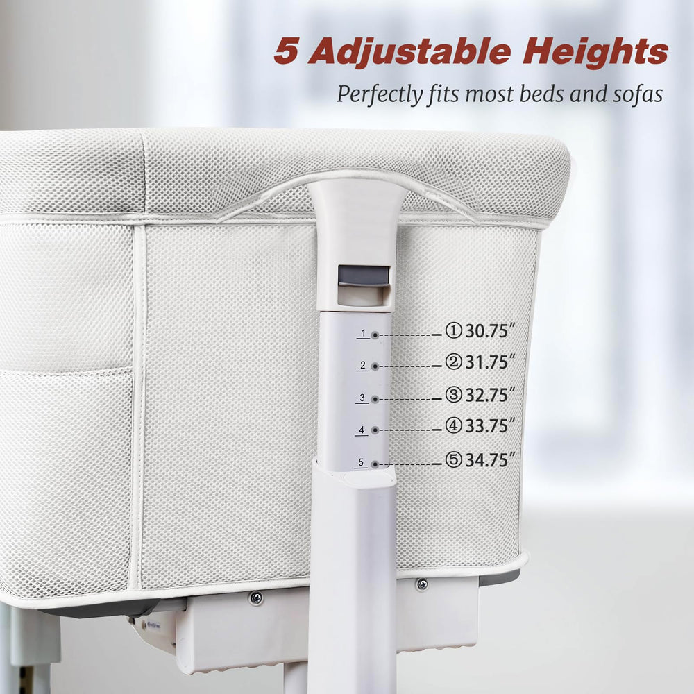 VaVaSoo bassinet on 360-degree wheels with brakes for quiet room-to-room movement.
