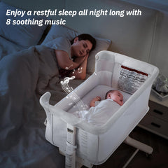 VaVaSoo bassinet showing height adjustments for sofa or bed alignment.