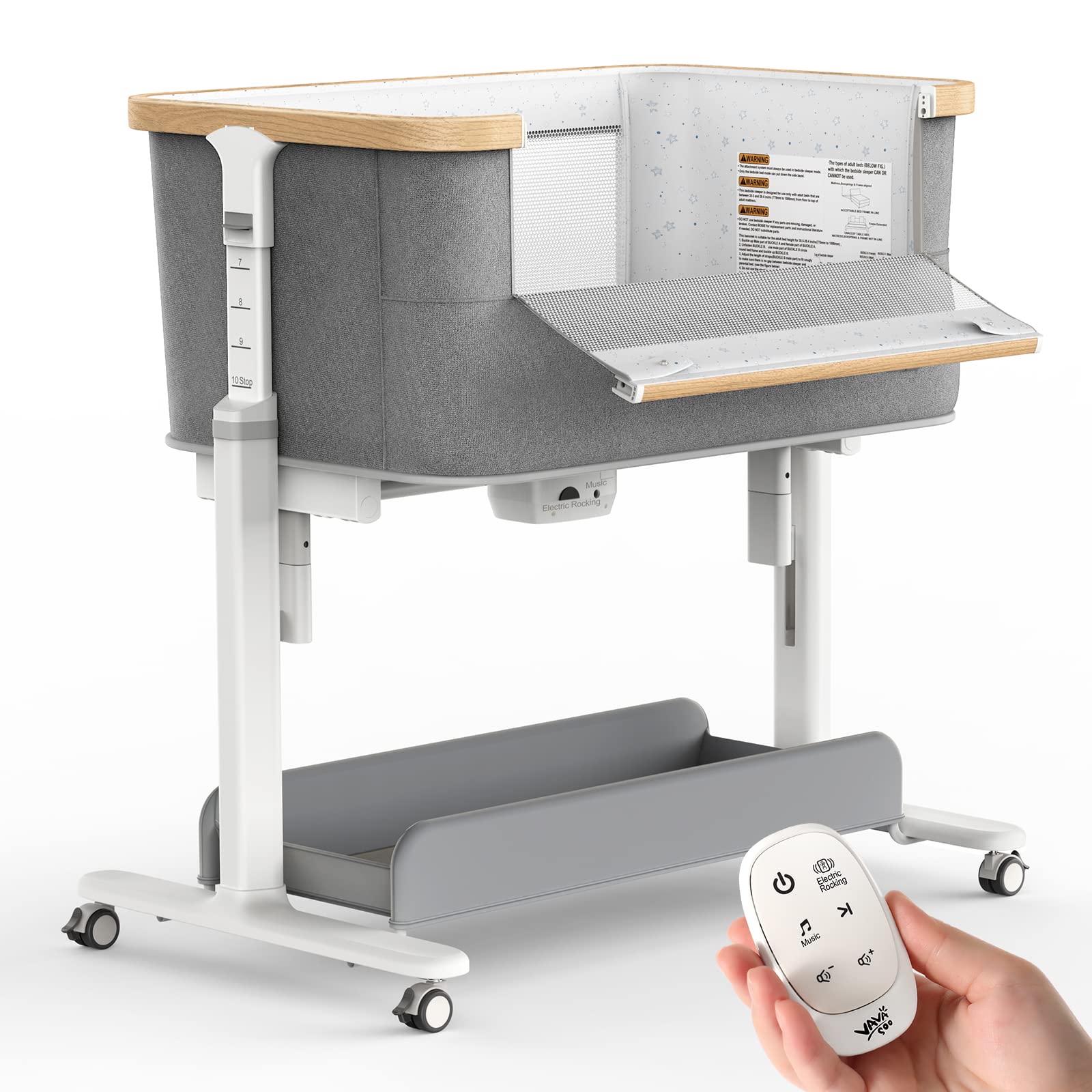 VaVaSoo rocking bassinet bedside-attachment demonstrates secure cosleeping compatibility.