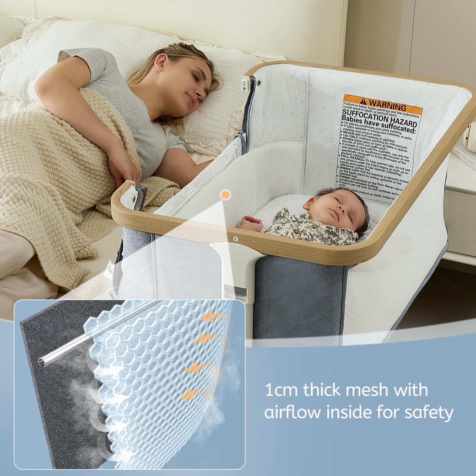 VaVaSoo rocking bassinet mesh-sides emphasize breathability and baby visibility.