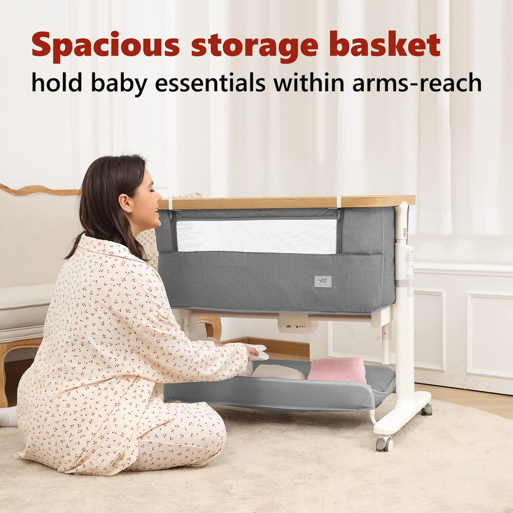 VaVaSoo rocking bassinet storage-basket shows convenient diaper and toy storage.