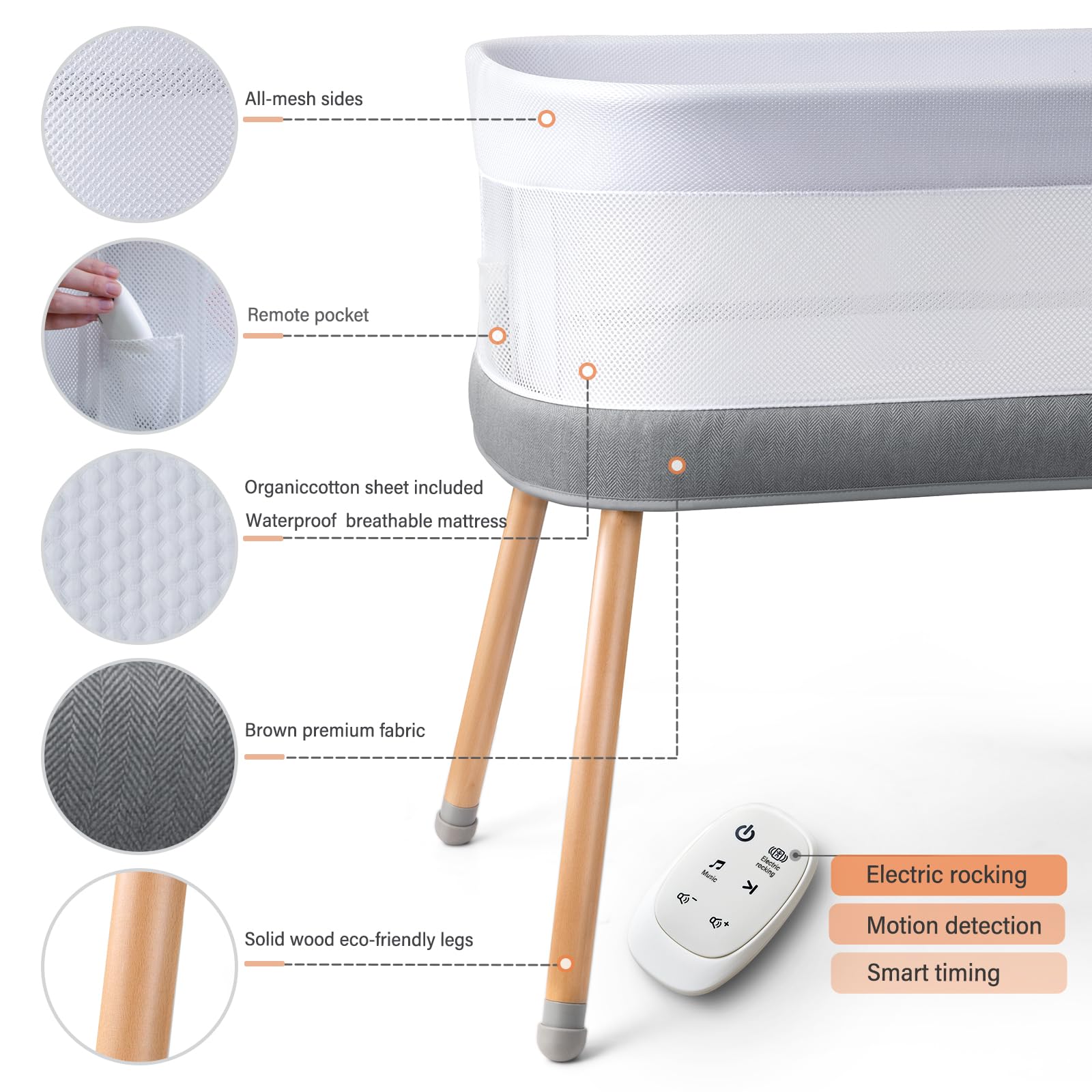 VaVaSoo electric bassinet powered by adapter or battery mode for versatility.