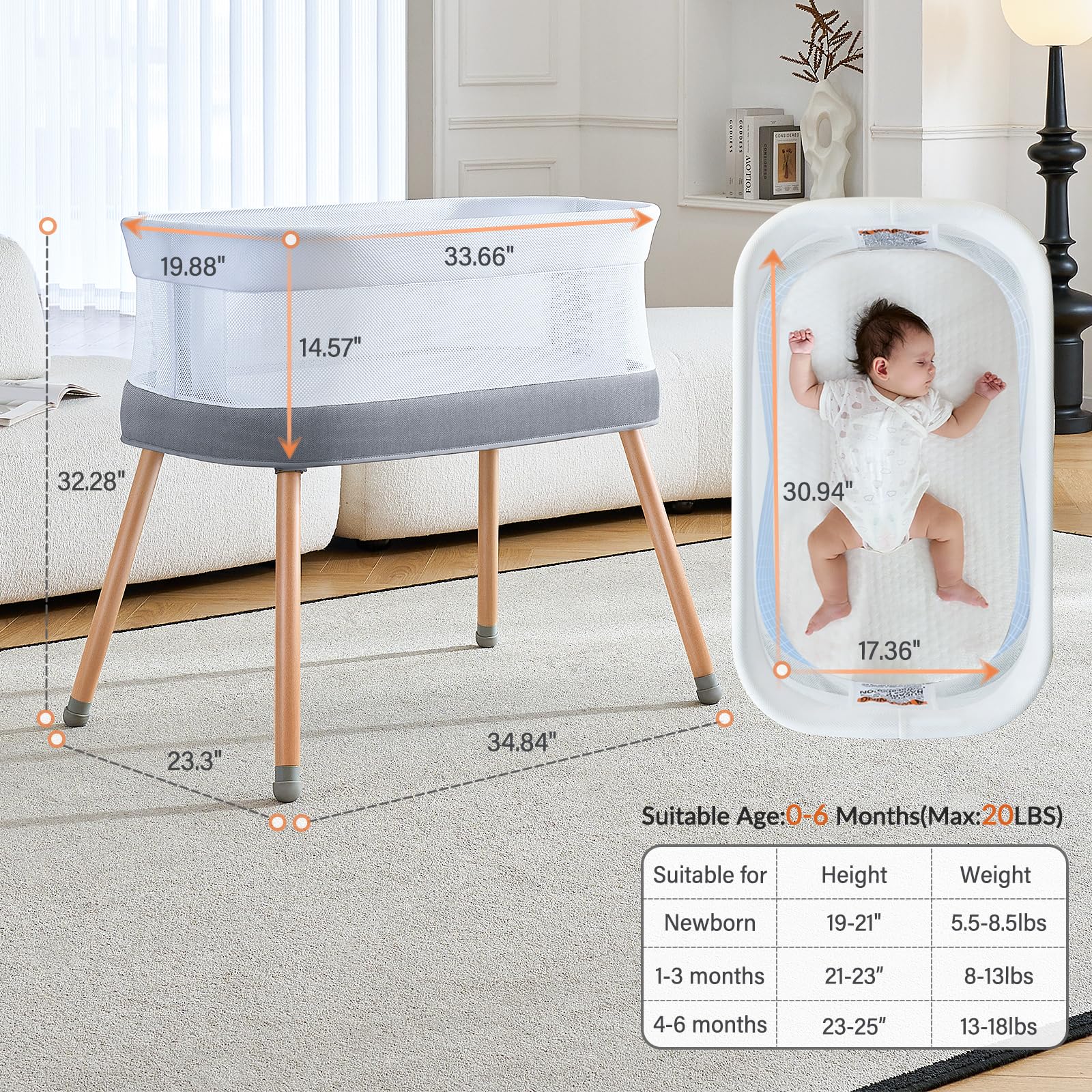 VaVaSoo bassinet with beechwood frame blending with modern nursery decor.