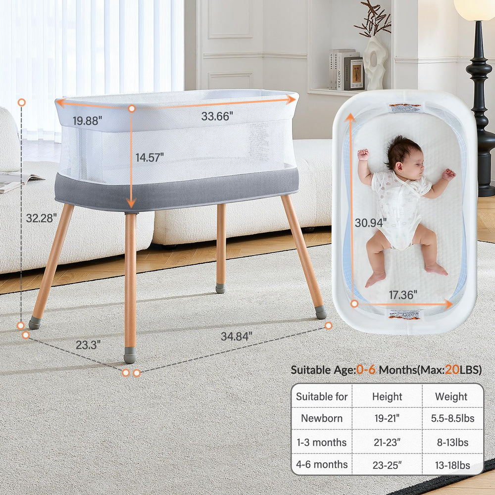 VaVaSoo bassinet with beechwood frame blending with modern nursery decor.