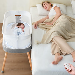 VaVaSoo automatic rocking bassinet grey close-up showing three speeds for gentle soothing.