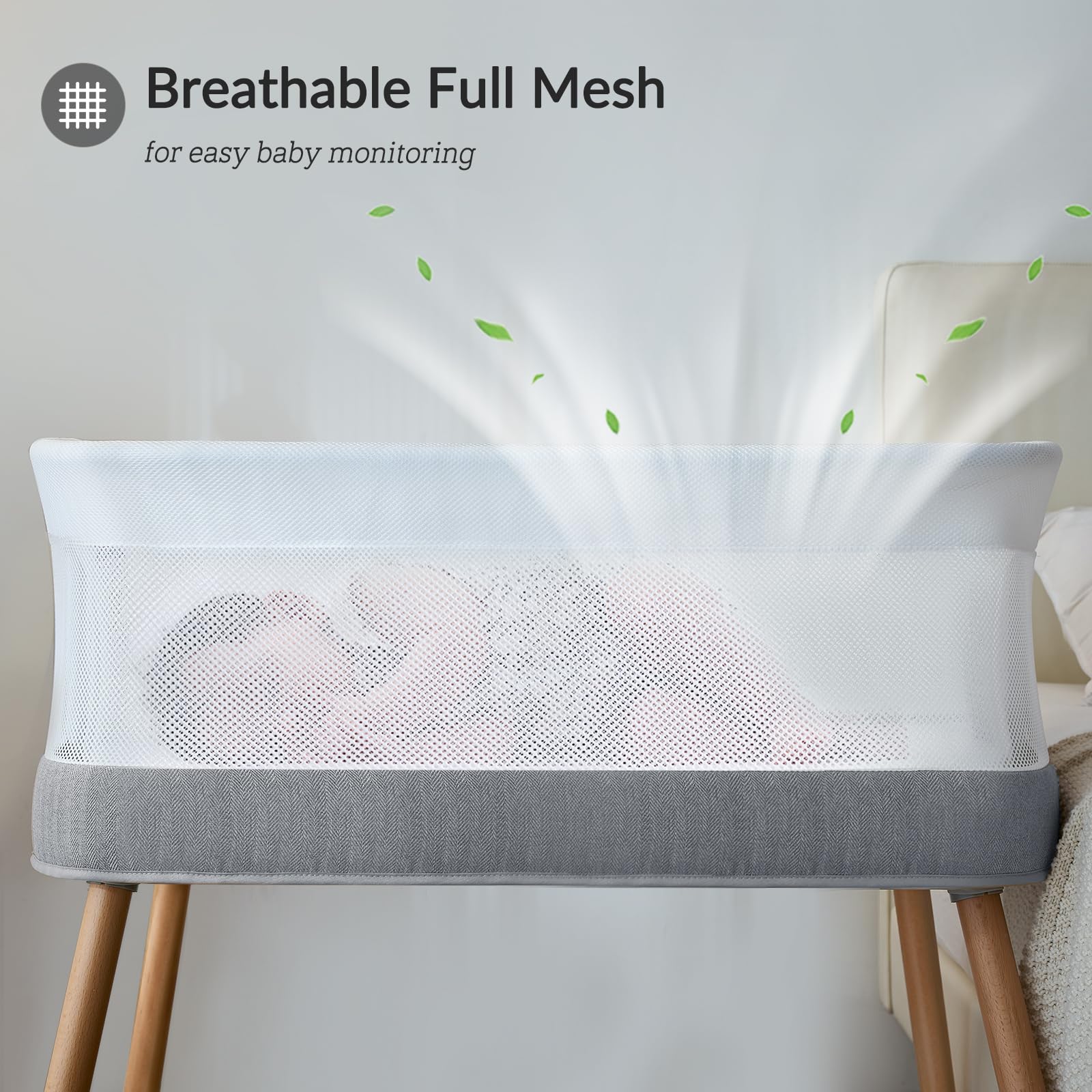 VaVaSoo bassinet emits five melodies and three white-noise options for calming soundscape.