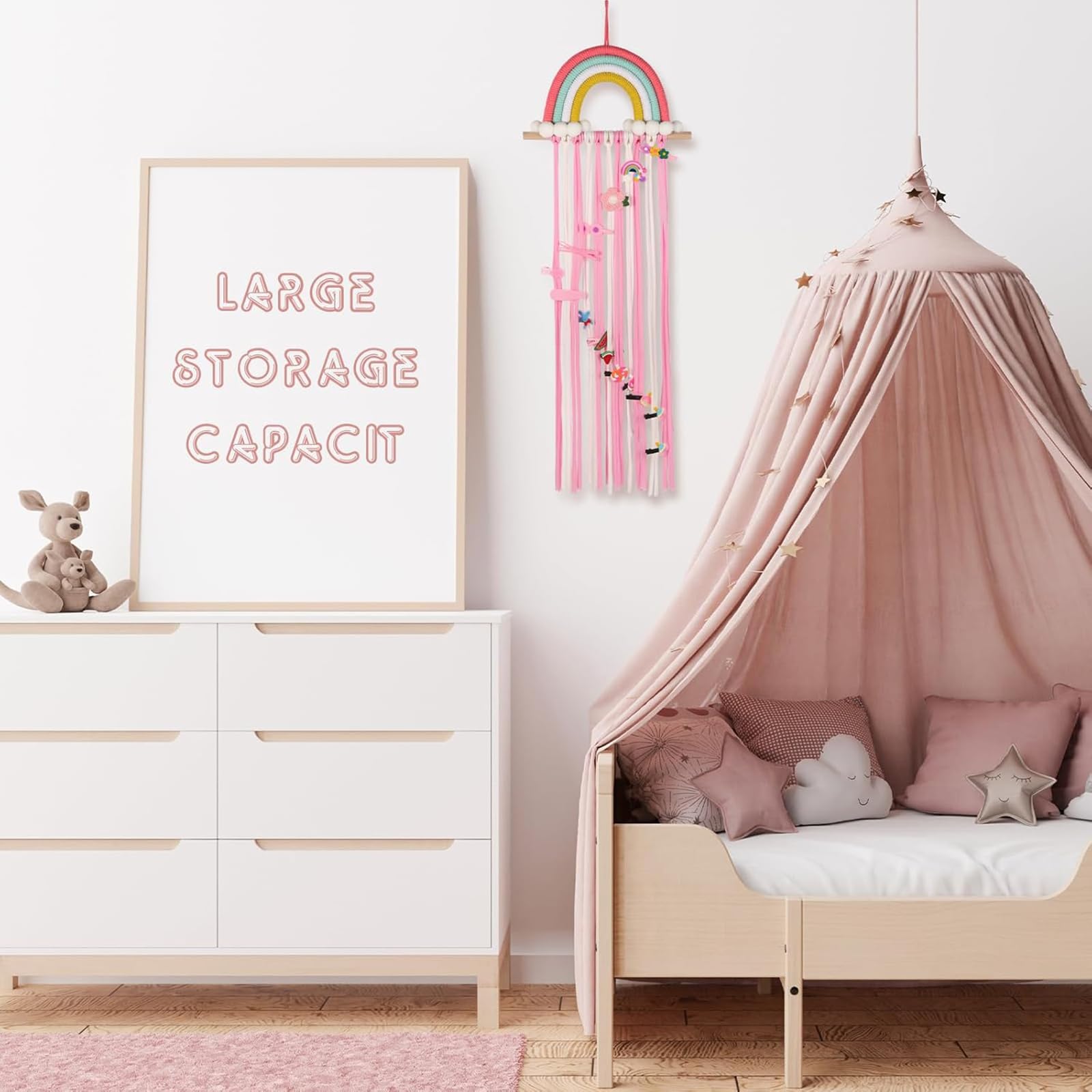 Vawolecy kid-room decor bow organizer adds convenient storage on the bedroom wall.