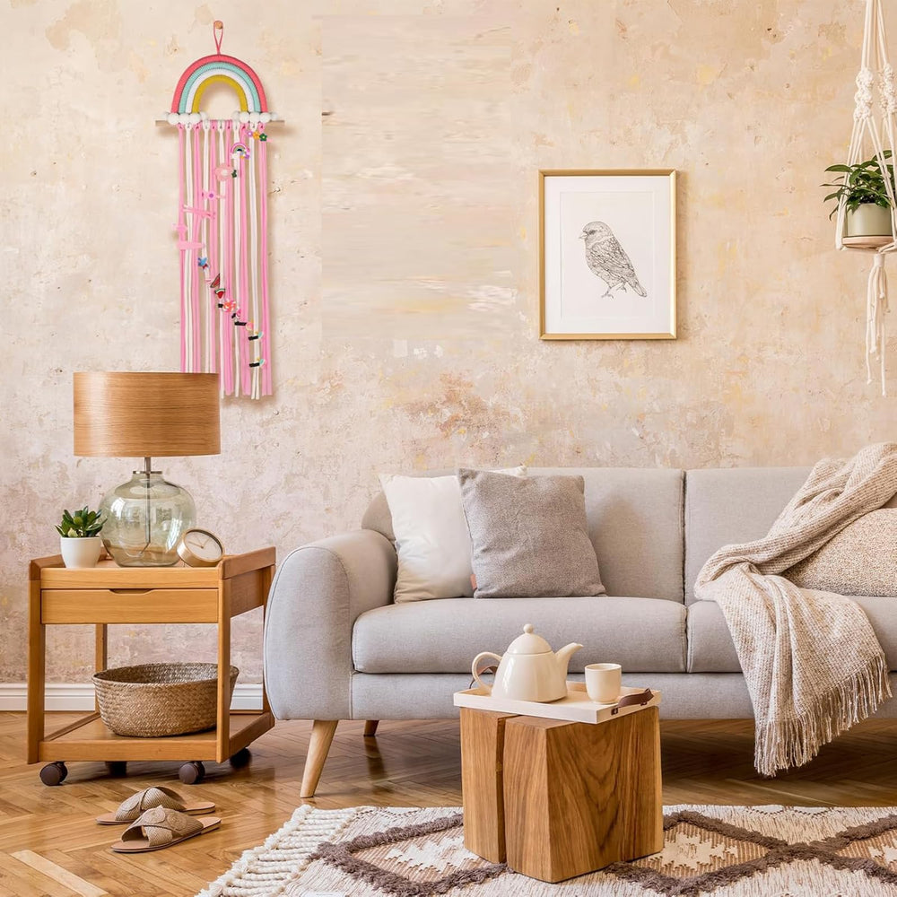 Vawolecy macrame wall hanger presents a stylish storage solution for girls' accessories.
