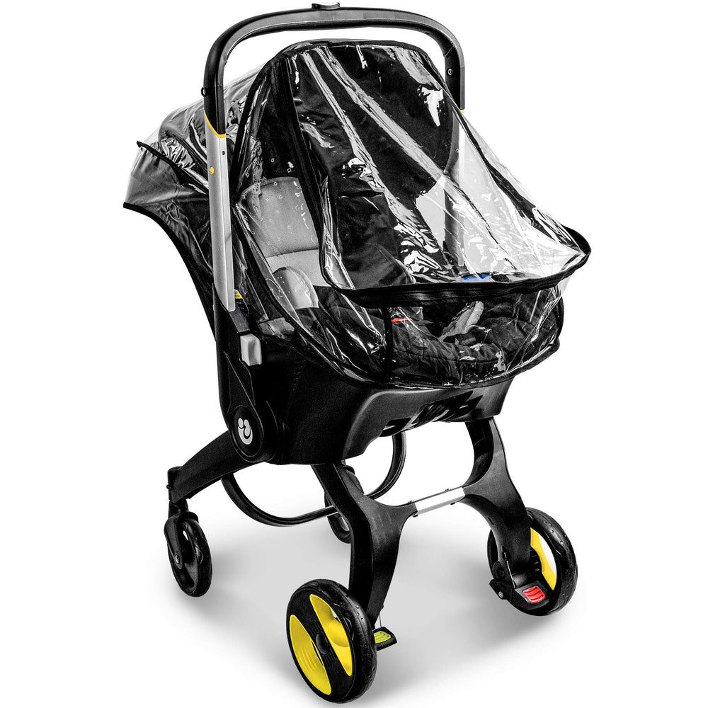 Vaxaape car-seat rain cover unfolded on stroller for quick weather protection.