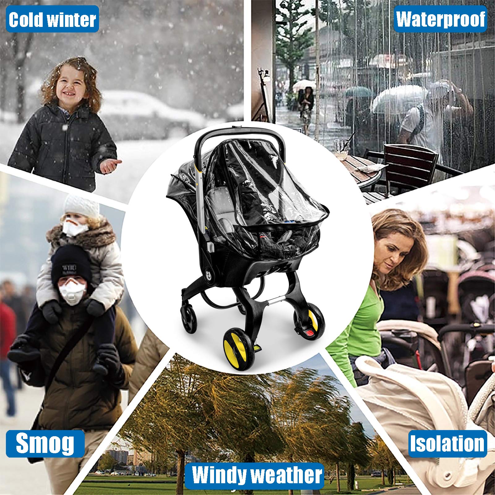 Vaxaape rain cover shields from dust and snow during walks.