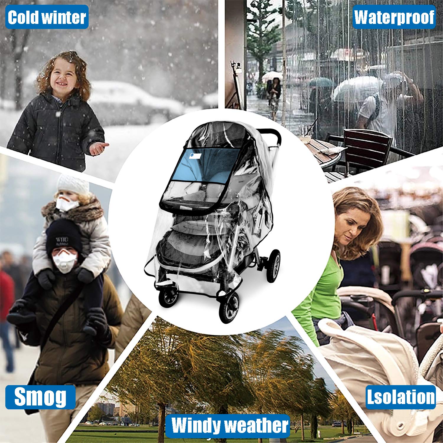 Vaxaape stroller rain cover ventilation holes promote air circulation.