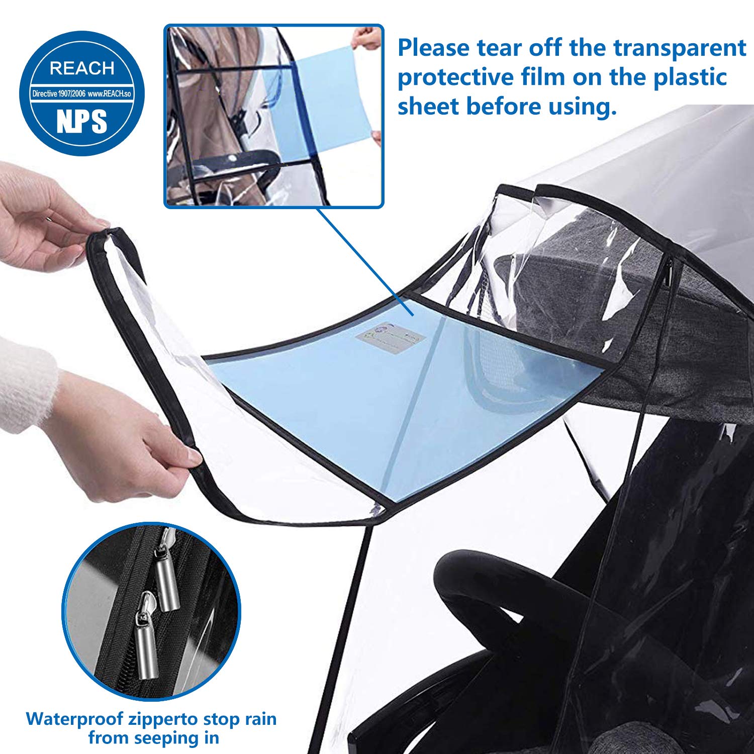 Vaxaape rain cover on stroller shows windproof design for harsh conditions.