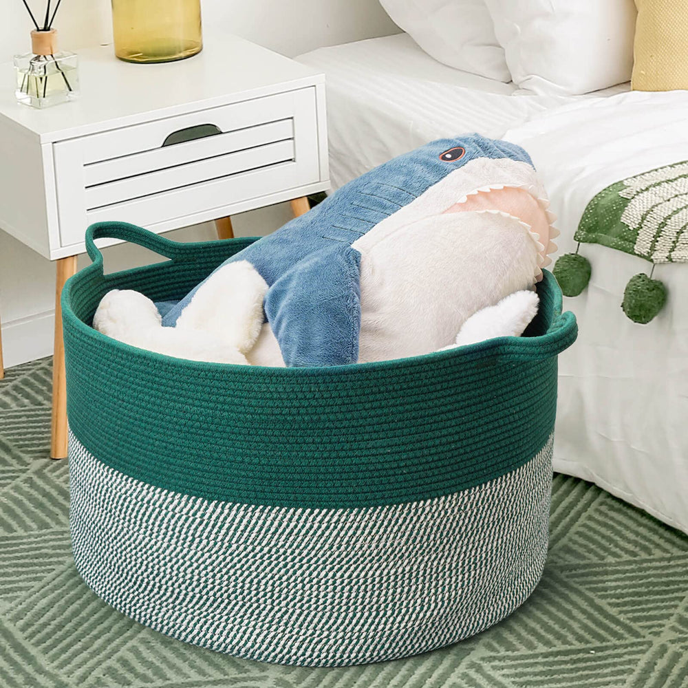 Vazpalas extralarge basket in living room adds warm organization.